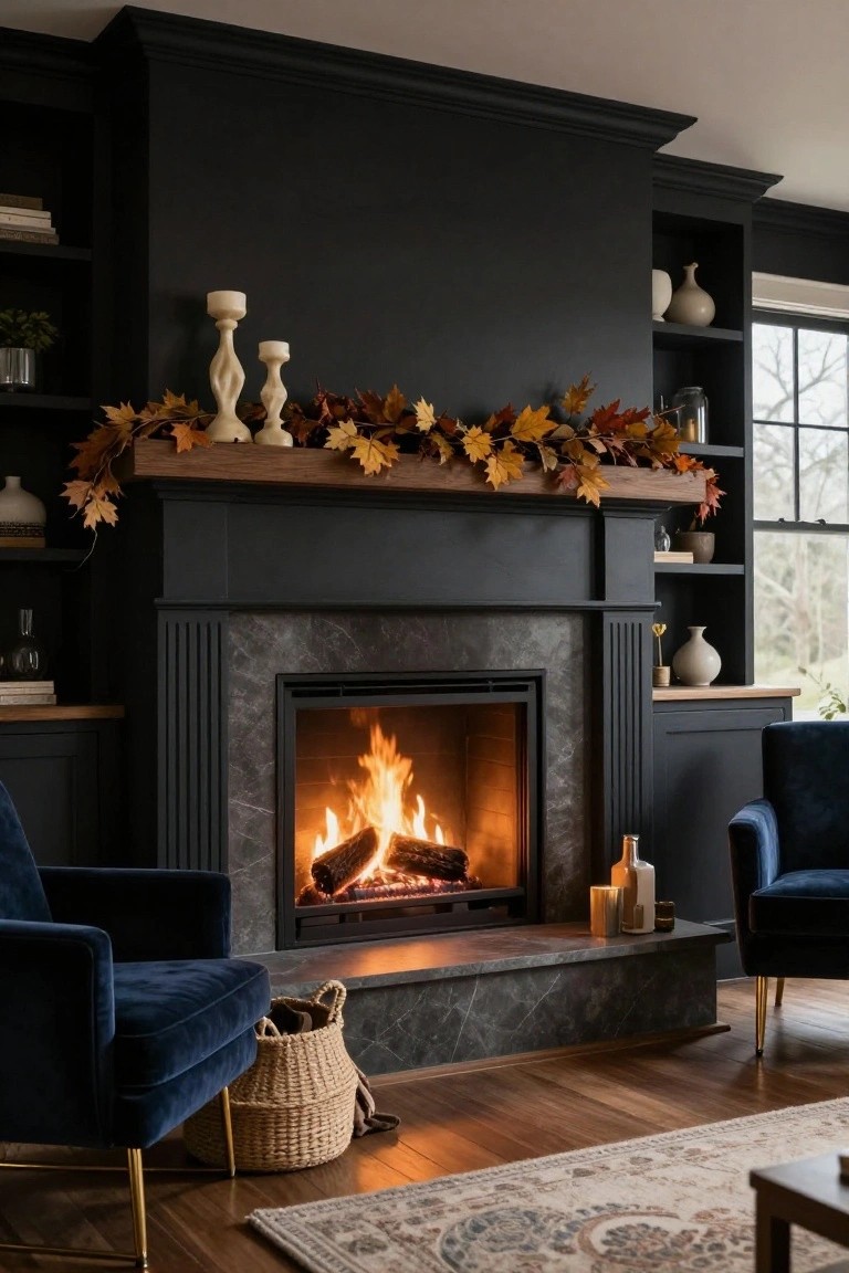 Dark stone fireplace with burning fire, wood mantel holding autumn leaf garland, white twisted candles, and flanked by black built-in bookshelves in a living room with blue velvet chairs and hardwood floors.