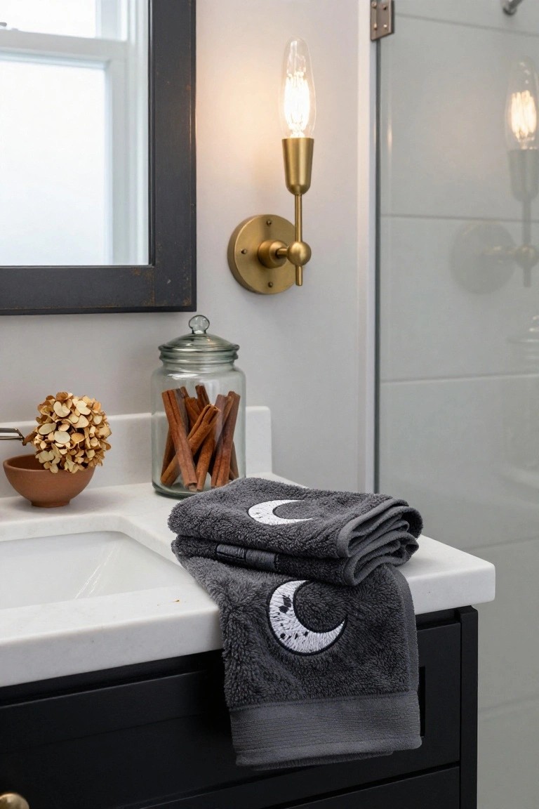 Bathroom vanity with two folded gray towels featuring white crescent moon embroidery draped on the white quartz countertop, beside a glass jar of cinnamon sticks and a terracotta bowl of dried hydrangea, black cabinet below, gold wall sconce, and glass shower door nearby.
