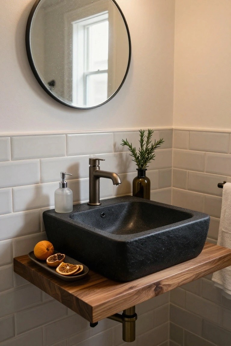 Modern bathroom vanity with square black stone sink on floating walnut shelf, brass faucet, white subway tile backsplash, soap dispenser, plate of sliced oranges, rosemary in glass bottle, folded white towel on brass bar, and round black-framed mirror.
