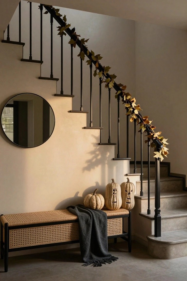 Beige indoor staircase with black iron railing draped in yellow fall leaf garland, small neutral-toned pumpkins and carved white pumpkins on a black-framed rattan bench at the base, and a round black mirror mounted on the wall.