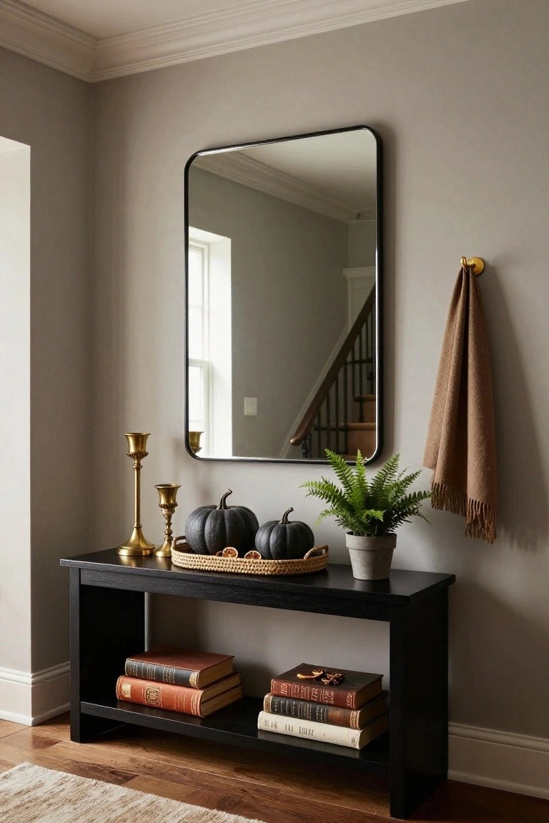 Gray entryway corner with black bench topped by woven tray of black pumpkins, brass candlesticks, and potted fern, under large black-framed mirror, books on lower shelf, tan scarf on brass hook, stairs visible.