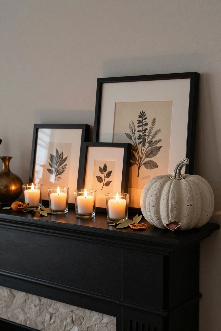 Black fireplace mantel topped with five glass pillar candles, three black frames containing botanical leaf prints, a brass vase, dried orange slices with leaves, and a white textured pumpkin.