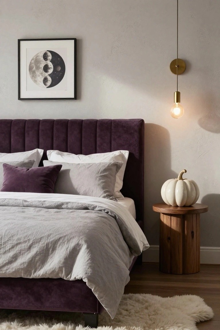 Bedroom corner featuring a purple tufted velvet headboard, gray linen bedding with purple and white pillows, wooden drum nightstand with a white pumpkin, moon phase wall art, gold pendant light, and white sheepskin rug on wood floor.