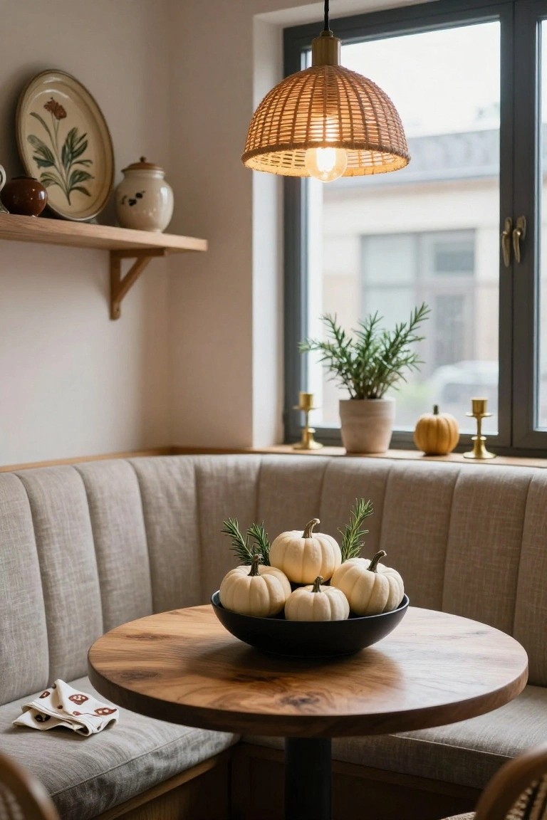 Beige banquette seating in a corner with a round wooden table holding a black bowl of white pumpkins and rosemary sprigs, rattan pendant light overhead, shelves with plates and jars, plants and small pumpkins on a windowsill.