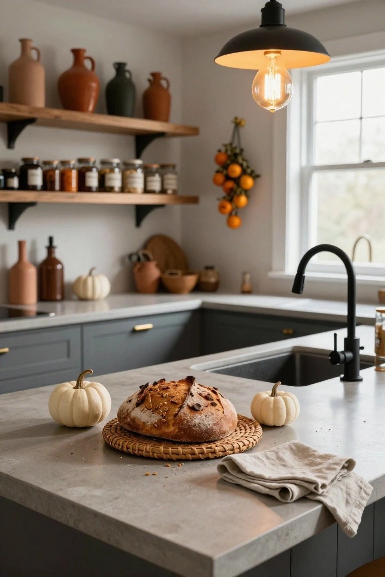 Kitchen counter with a round loaf of bread topped with seeds on a woven mat, flanked by two small white pumpkins, dark green cabinets below, black faucet at the sink, and wall shelves holding jars and pottery.