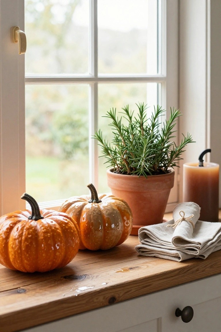 Wooden kitchen countertop holding two small orange pumpkins, a terracotta pot with rosemary plant, a beige pillar candle, and folded white linens tied with twine, beside a white-paned window with fall landscape outside.