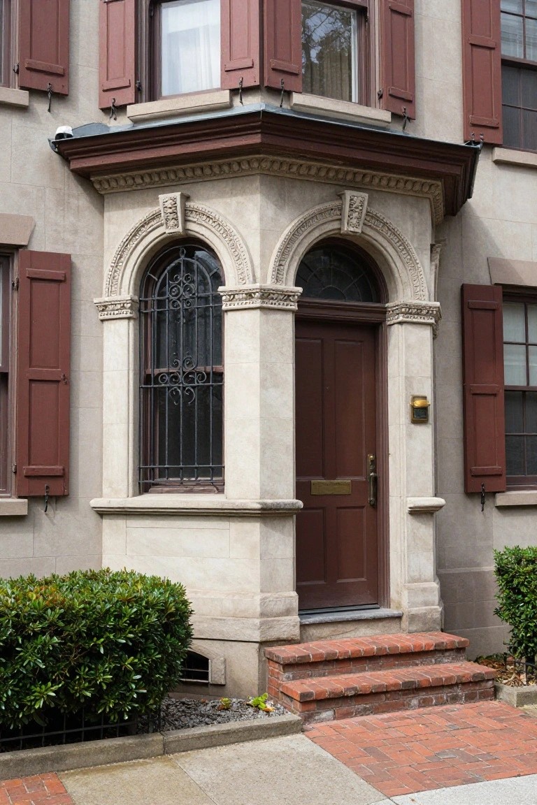 Colonial townhouse exterior with projecting stone bay featuring arched window with black wrought-iron grille above a dark wood front door, flanked by beige stone pilasters, red shutters on windows, brick steps, and boxwood shrubs.