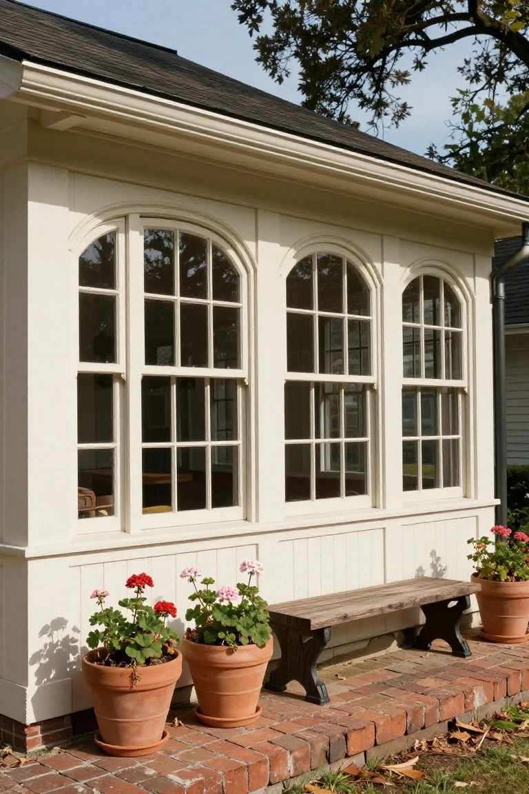 White clapboard structure with dark shingled roof and three tall arched multi-pane bay windows, flanked by three large terra cotta pots with geraniums and a wooden bench on brick pavers under oak trees.