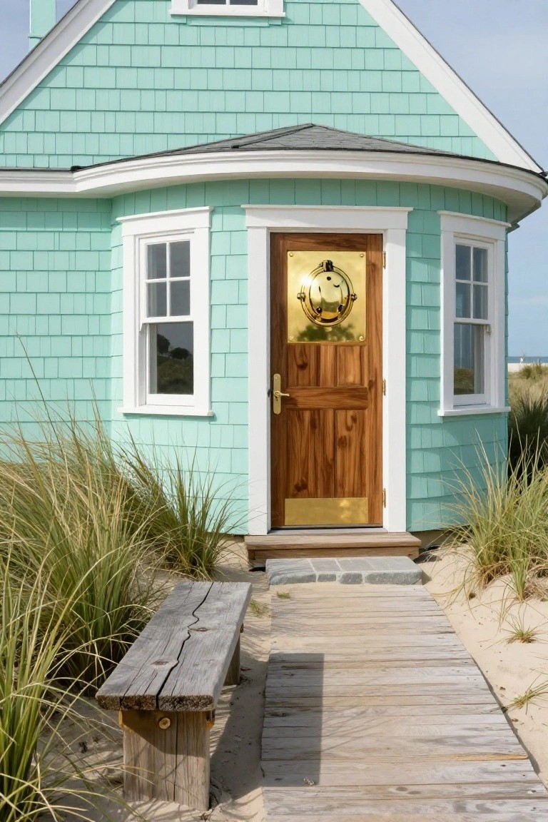 Teal shingled cottage with curved bay entryway featuring wooden door with brass porthole window, flanked by two windows, wooden pathway, bench, sea grass, and sandy beach.