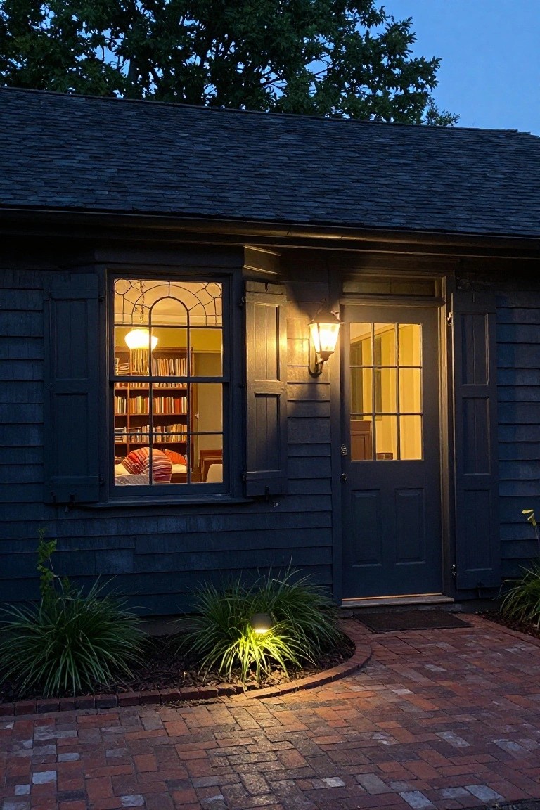 Dark shingled house exterior at dusk featuring a large lit window with visible bookshelves and red bedding inside, a lit glass door, exterior lantern, brick pathway, and low grasses along the base.