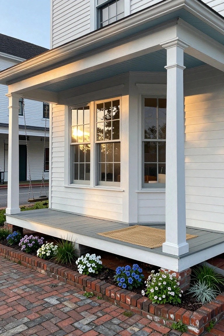 White colonial-style house exterior corner with covered porch, bay windows, columns, blue ceiling, seagrass mat, flower beds, and brick path at sunset.