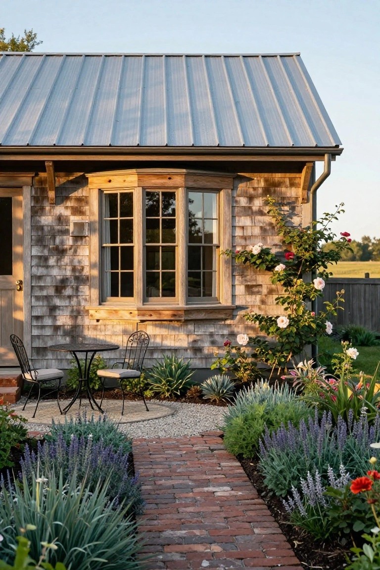 Weathered shingle siding on a house exterior with a wooden bay window, climbing roses on the wall, small metal bistro table and chairs on gravel patio, brick path and assorted plants in foreground.