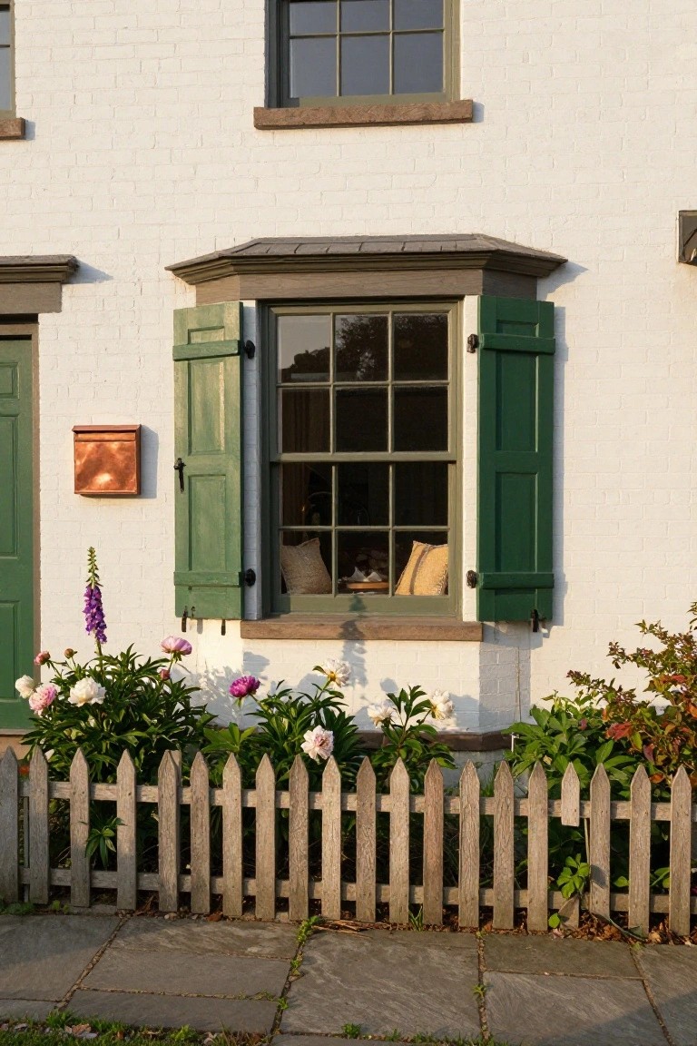 White brick colonial house exterior with a multi-pane bay window flanked by open green shutters, a copper mailbox, foxglove and peony flowers, and a weathered wooden picket fence along a stone path.