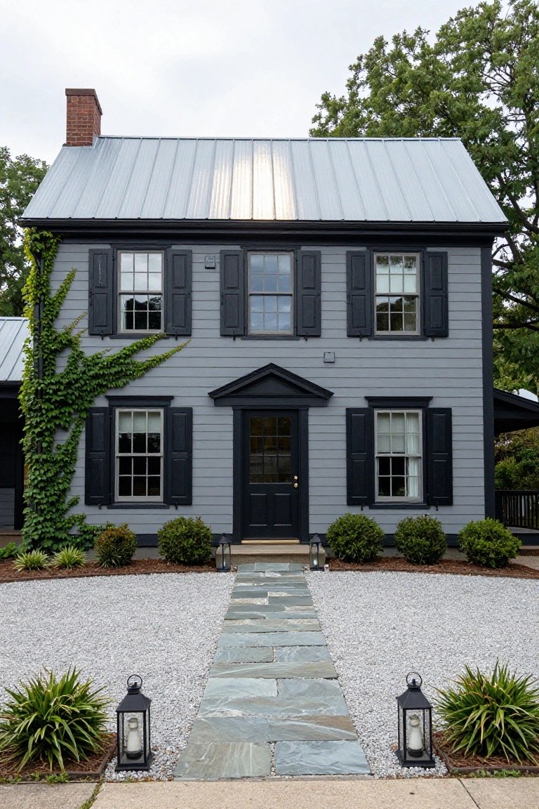 Two-story colonial house with gray clapboard siding, black shutters and trim, standing-seam metal roof, ivy climbing the left side, central black front door, stone walkway, gravel yard, boxwood shrubs, and lanterns flanking the entry.