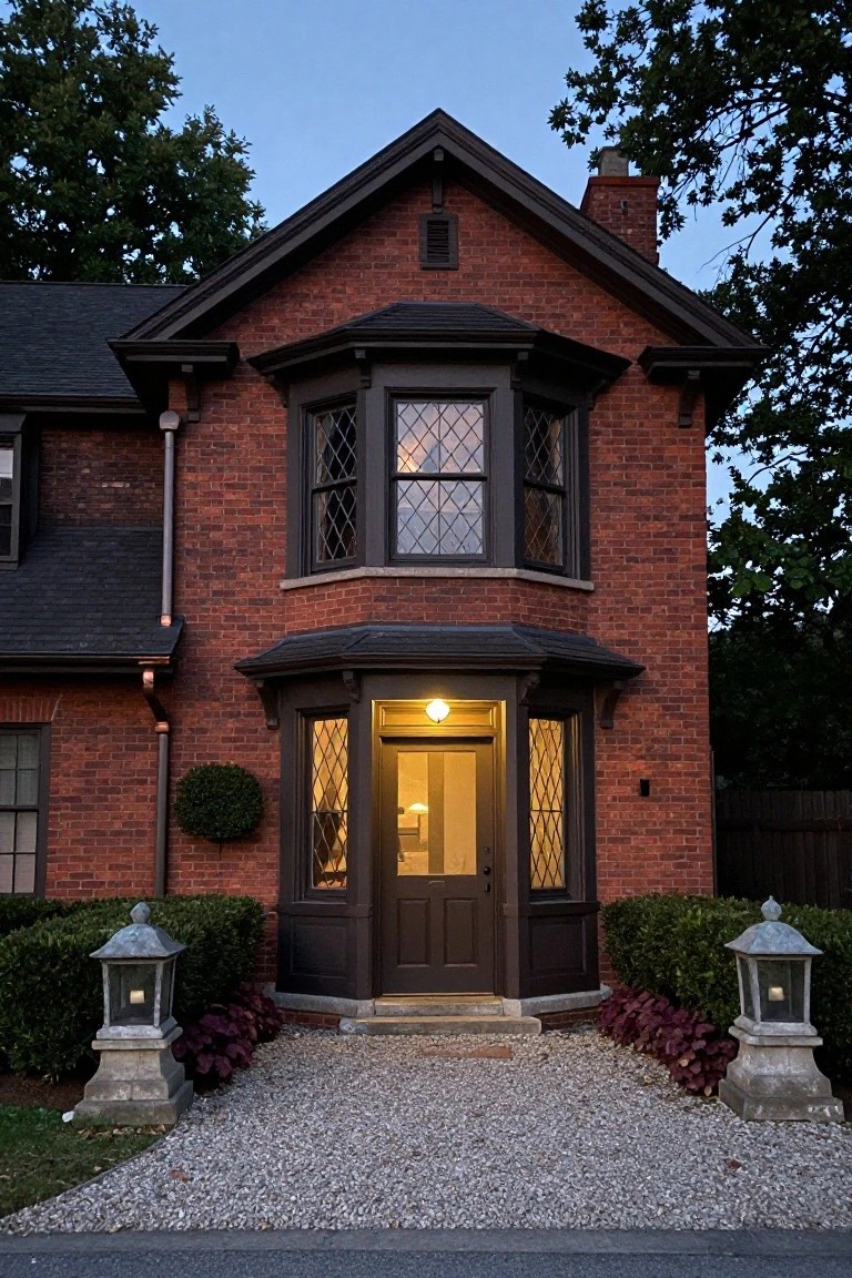 Red brick Colonial house exterior with dark wood bay window, leaded glass, covered entry porch, stone lanterns, boxwood shrubs, purple plants, and gravel path at twilight.