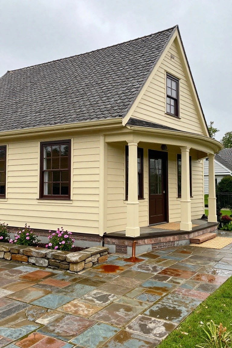 Pale yellow clapboard house with gray slate shingle roof, curved front porch supported by white columns, dark wood door and sidelights, stone patio, and flower beds at the base.