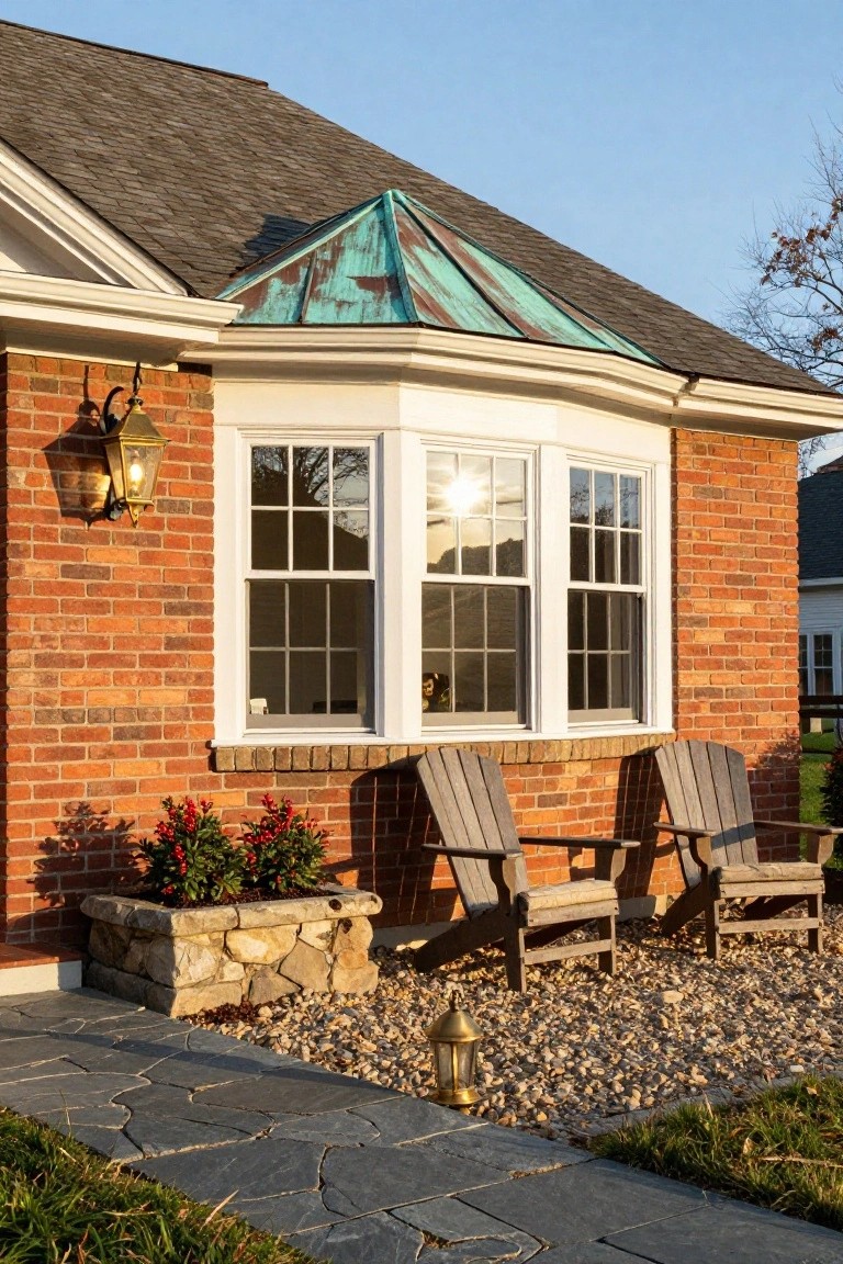 Brick colonial house exterior with bay window topped by patinated copper roof, white window frames reflecting sunlight, wall lantern, stone planter with red flowers, two Adirondack chairs on gravel, and slate stone path.