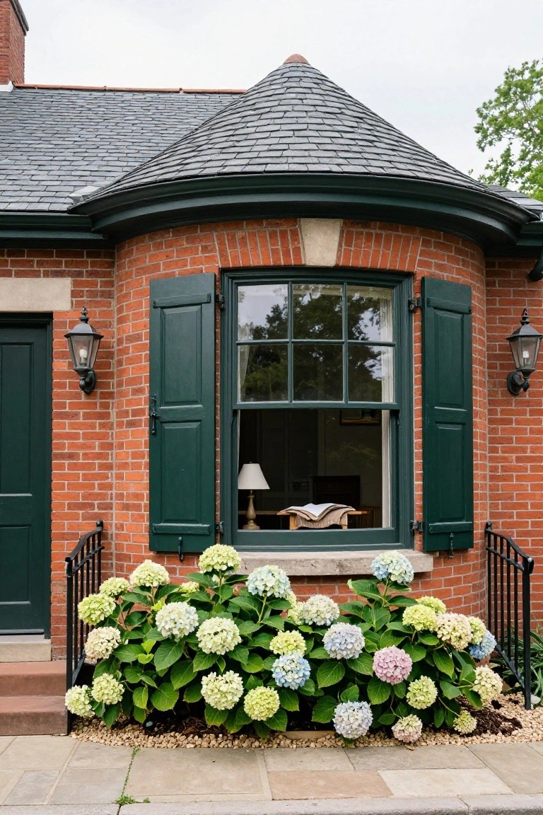 Red brick colonial house exterior with curved bay window, green shutters, lanterns flanking the entry, and large white and blue hydrangea bushes on either side of the green front door.