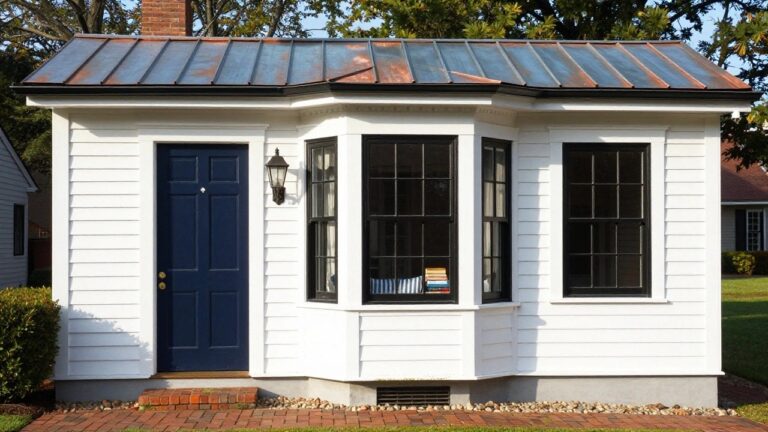 White clapboard colonial house exterior with octagonal bay window topped by copper roof, black-framed windows, wall lantern, brick pathway, boxwood shrubs, and large trees in background.