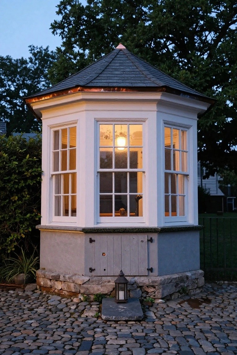 White octagonal pavilion with bay windows, copper roof edges, stone base, wooden doors, hanging lantern, on cobblestone path amid greenery and trees at dusk.