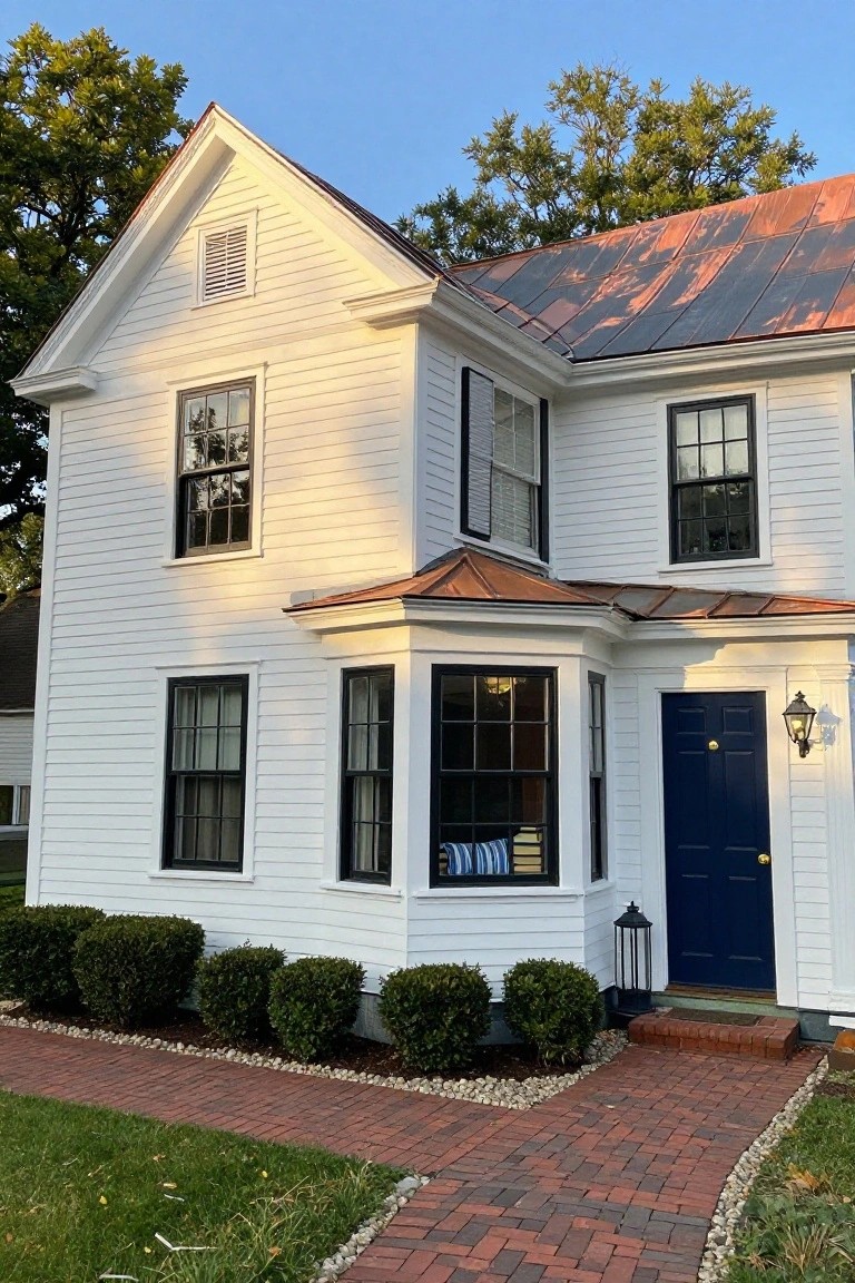 White clapboard colonial house exterior with octagonal bay window topped by copper roof, black-framed windows, wall lantern, brick pathway, boxwood shrubs, and large trees in background.