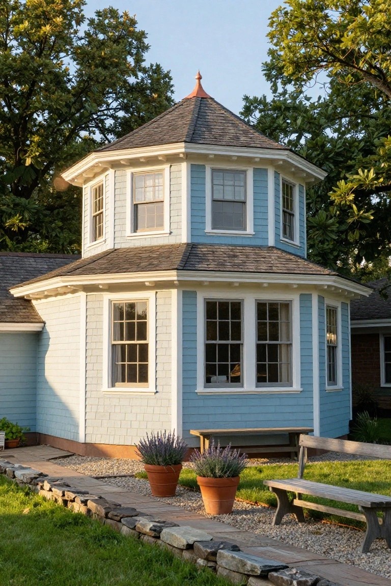 Octagonal blue-shingled pavilion with white trim, bay windows, copper finial on top, lavender plants in terracotta pots on either side, wooden bench, gravel path, and stone edging in a yard near a house garage.