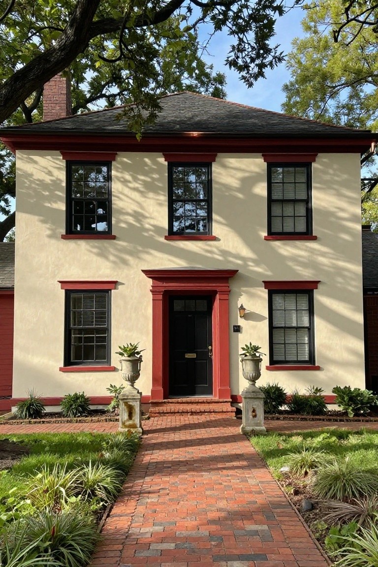 Two-story Colonial house with cream siding, red trim around black-framed windows and red door, flanked by stone urn planters on a brick walkway, with lawn and shrubs in front under oak trees.