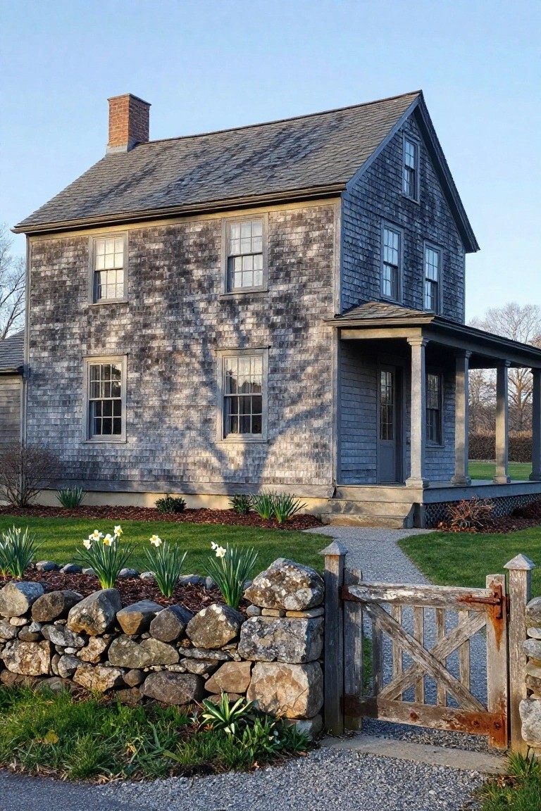 Gray shingled two-story colonial house with gabled roof, columned porch, multi-pane windows, stone wall, wooden gate, and daffodils in the front yard.