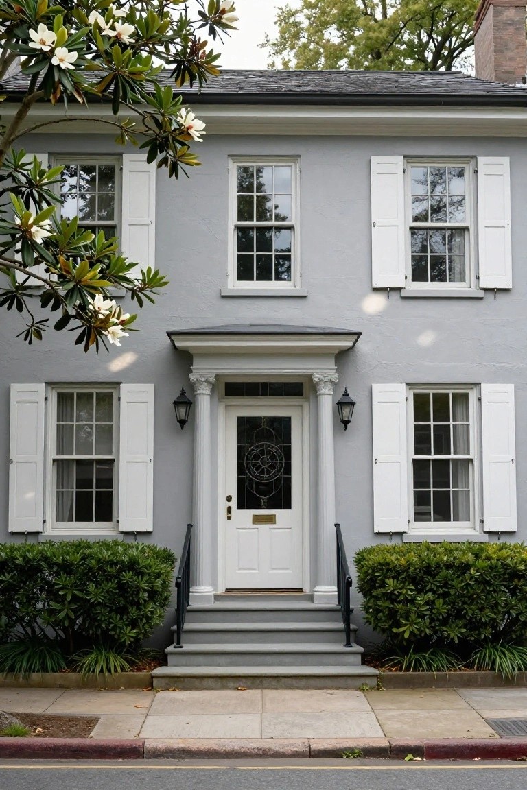 Gray two-story Colonial house with white shutters on symmetrical multi-pane windows, white pedimented entry porch with columns, lanterns, glass door, boxwood shrubs, and magnolia branches in front.