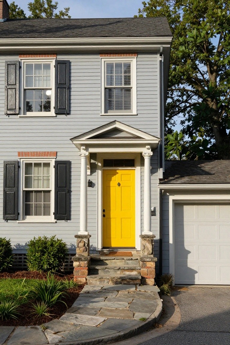 Two-story light gray clapboard colonial house with black shutters, upper and lower double-hung windows, white porch with columns framing a bright yellow front door, stone steps, boxwood shrubs, and attached white garage.