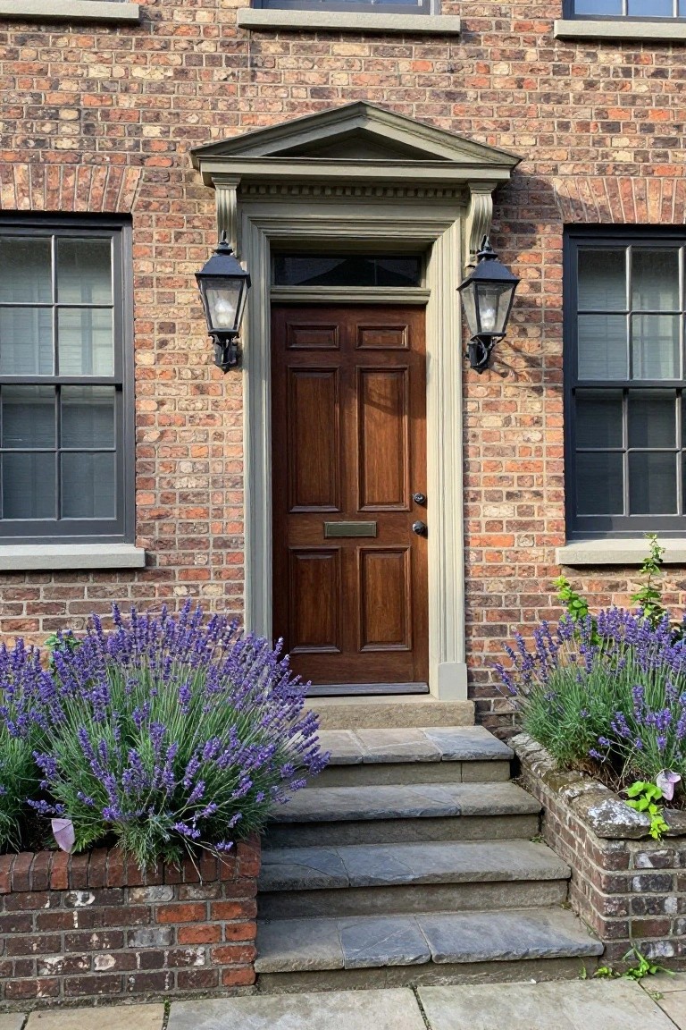 Reddish brick two-story house exterior with gray trim around windows and a central paneled wood door under a pediment, flanked by black lanterns and lavender plants in brick-edged planters beside stone steps.