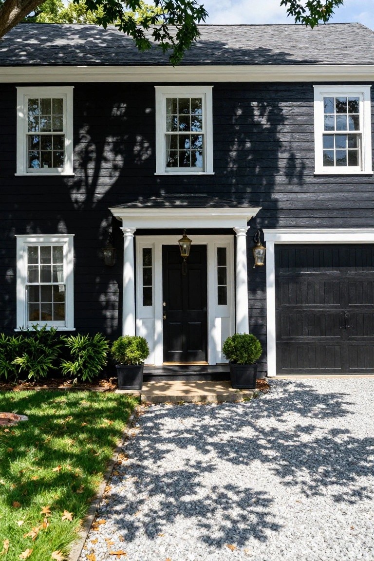 A two-story colonial house with dark shingled siding, white trim on windows and portico, black front door with lanterns, black garage door, boxwood shrubs in pots, gravel driveway, grass lawn, and overhanging tree branches.