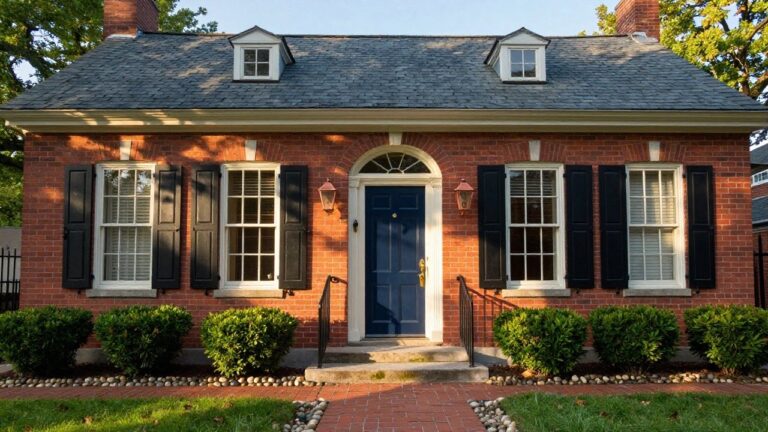 Two-story red brick colonial house with gabled roof, white-trimmed windows, black shutters, navy blue front door with brass knocker, flanked by boxwood shrubs and a brick walkway edged with pebbles.