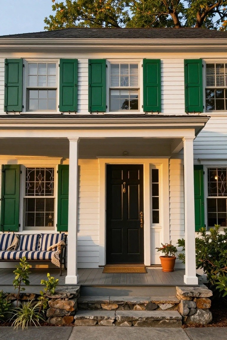 Two-story white clapboard colonial house with green shutters on multi-pane windows, black front door, covered porch with blue-striped bench, potted plant, stone steps, and landscaping at dusk.