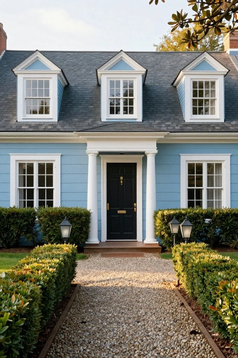 Light blue two-story colonial house with white trim on windows and dormers, black front door flanked by white columns, lanterns, boxwood hedges, and gravel pathway.