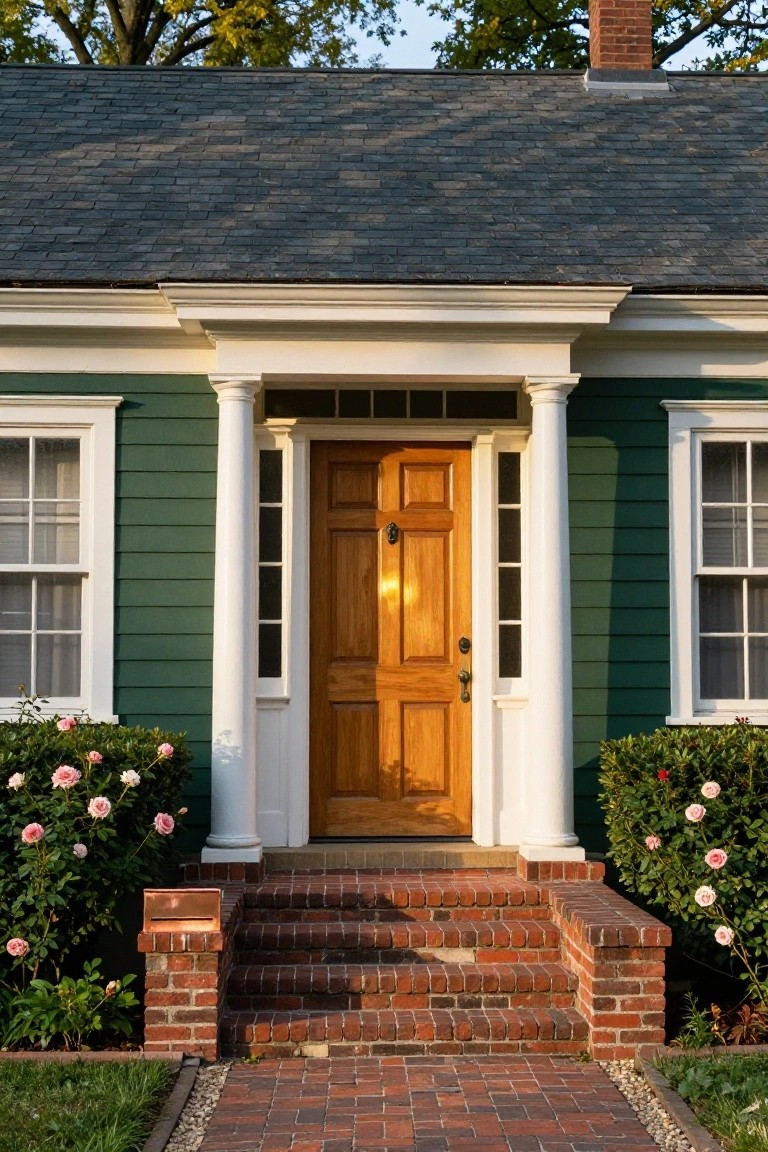 Front view of a green clapboard Colonial-style house with white trim, fluted columns supporting a pediment over a wooden paneled door, brick steps, and pink rose bushes on either side.