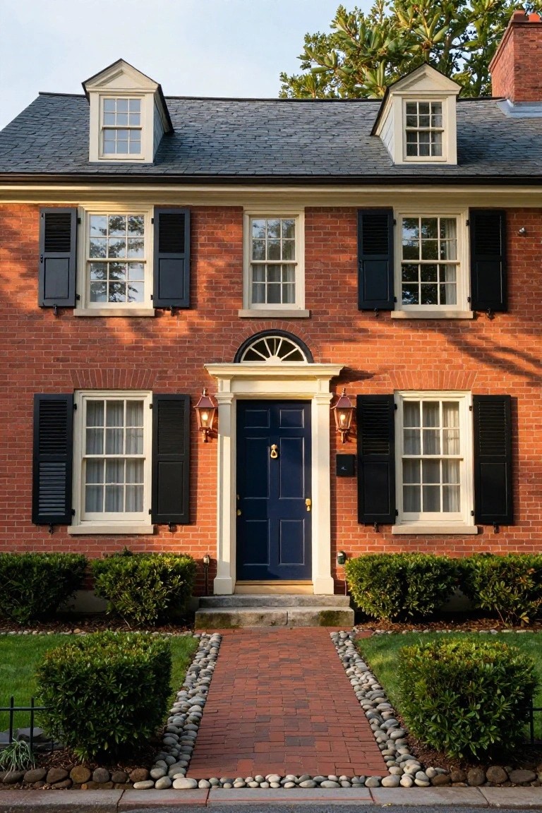 Two-story red brick colonial house with gabled roof, white-trimmed windows, black shutters, navy blue front door with brass knocker, flanked by boxwood shrubs and a brick walkway edged with pebbles.