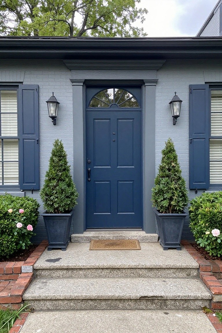 Navy Blue Door on Soft Gray Siding