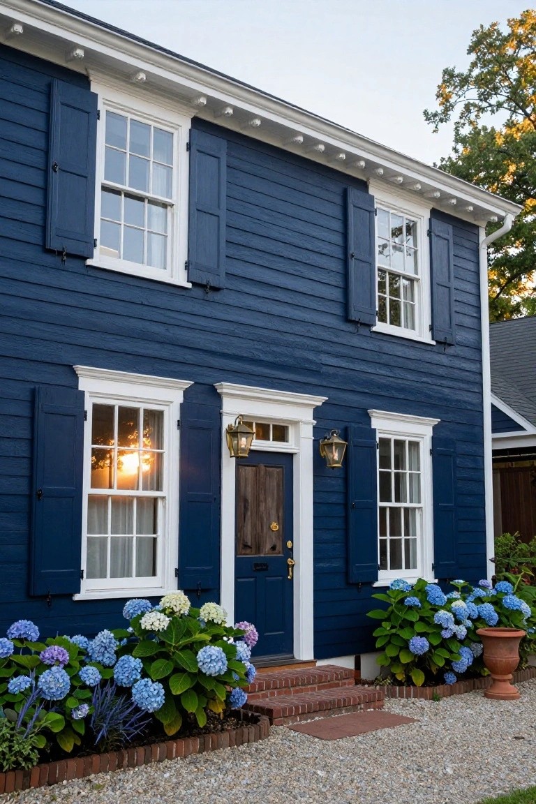 Two-story colonial house painted navy blue with white trim around multipane windows and entry, dark wood front door with brass knocker, lanterns on either side, blue hydrangea plantings in brick-edged beds, and gravel path at sunset.
