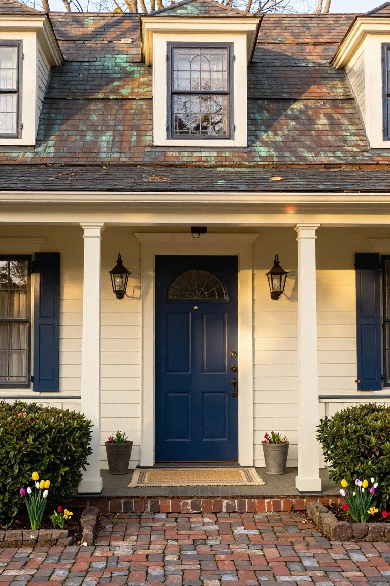 Colonial house exterior featuring cream siding, navy blue front door with arched glass, matching navy shutters on windows, white porch columns with lanterns, potted plants, and tulips beside a brick pathway.