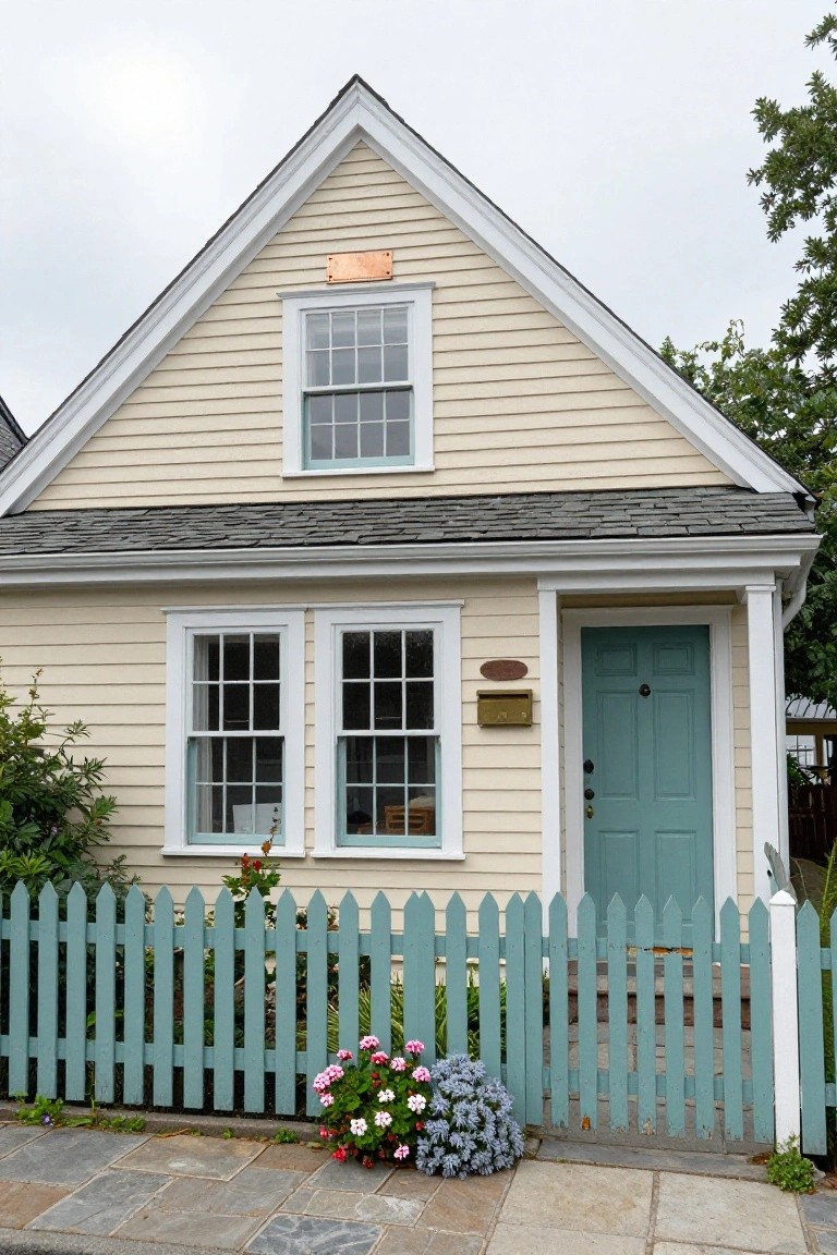 Beige clapboard colonial house with gabled roof, upper window, double lower windows, teal front door, white trim, brass plaque and mail box, teal picket fence, flowers, and stone path.