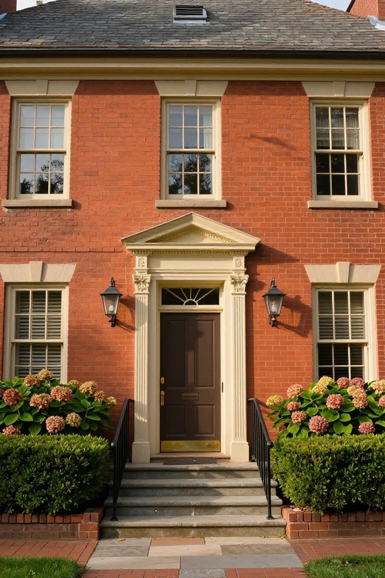 A two-story red brick colonial house with cream trim on windows and entry pediment, dark wood front door flanked by lanterns, steps with iron railings, and hydrangea bushes on both sides.