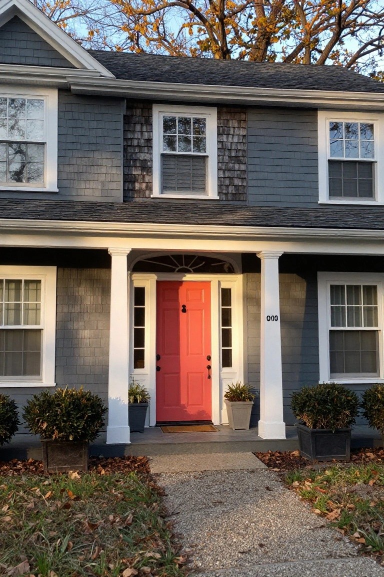Front exterior of a two-story gray shingle Colonial house with white trim, a bright red double front door on a porch with columns, potted plants on both sides, and a gravel path leading up in autumn light.