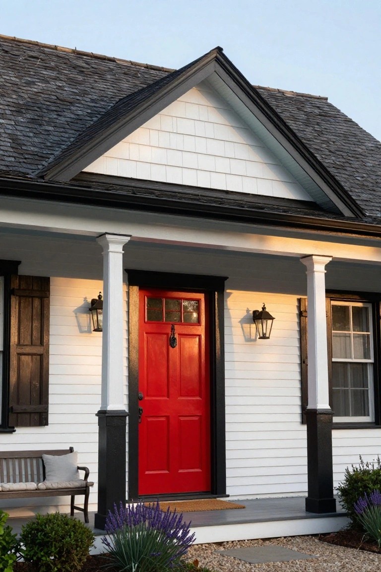Colonial house exterior with white clapboard siding, black trim and gutters, red paneled front door with glass panels, white porch columns, black lanterns, wooden bench, and low plants in front.