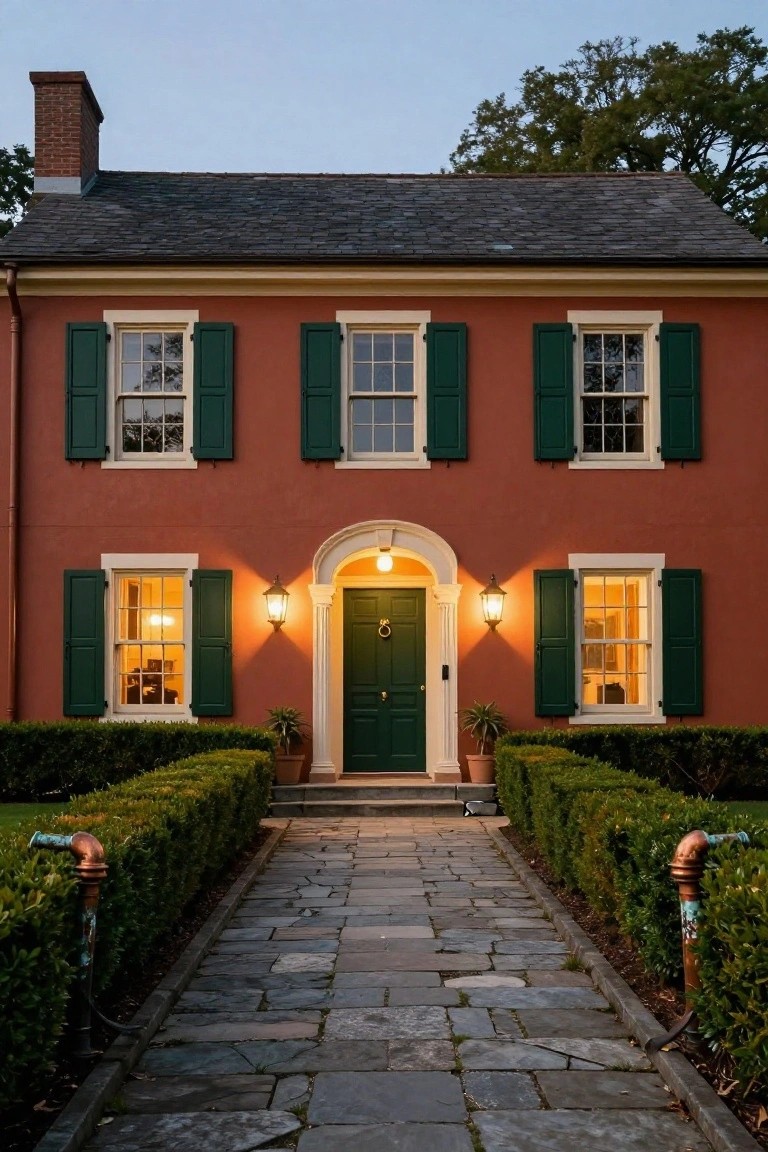 Colonial house exterior with red painted siding, green shutters on white-framed windows, centered green door with brass knocker, flanked by lanterns, boxwood hedges, copper edging, and stone pathway at dusk.