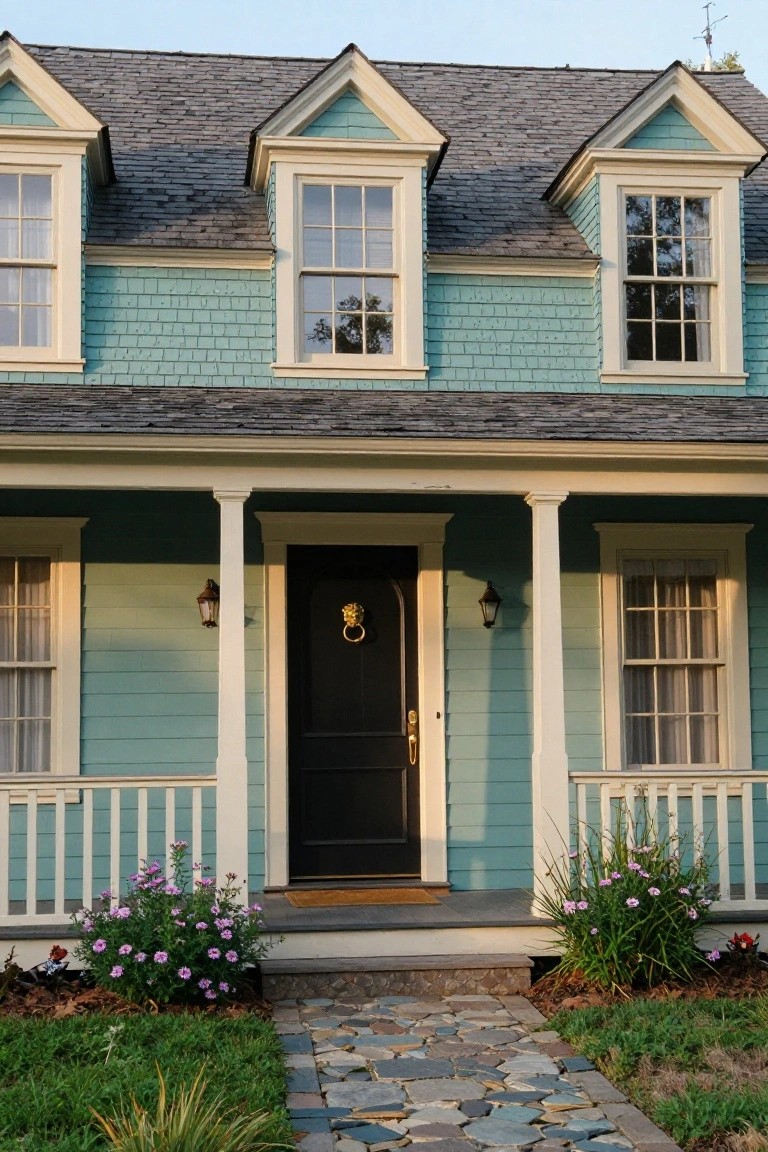 Front exterior of a two-story Colonial house with light teal clapboard siding, white trim, gabled roof with gray shingles, columned porch, black door with gold knocker and handle, lanterns, and purple flowers in beds along a stone path.