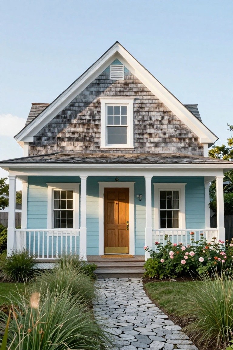 Light blue shingle-style house with white trim, gabled roof, front porch, wooden door, flanked by plants and a stone pathway.