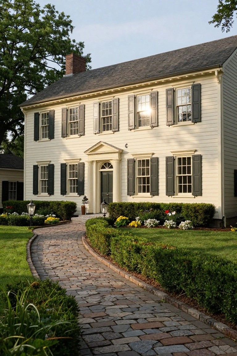 A two-story cream-painted colonial house with dark green shutters, a dark green front door, brick chimney, brick walkway, and landscaped shrubs and flowers in the yard.