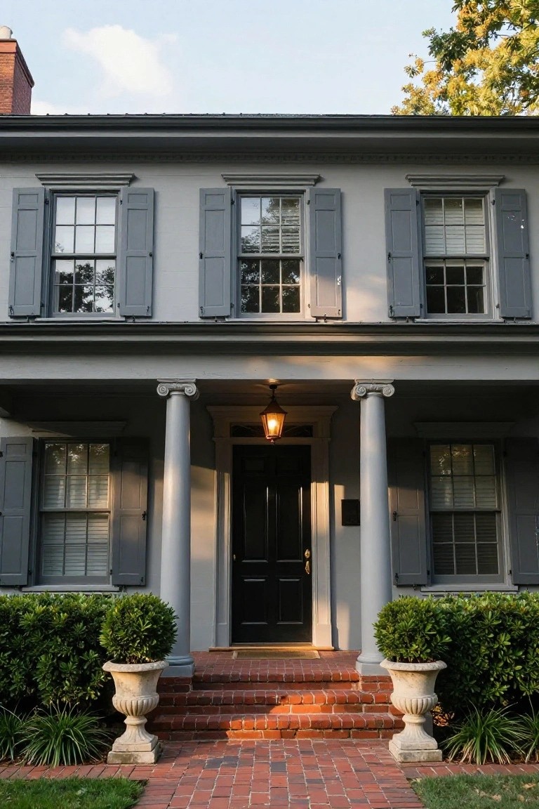 Two-story Colonial-style house with light gray clapboard siding, gray shutters on multi-pane windows, black front door under a porch with white columns, brick steps, and stone urns holding boxwood shrubs.