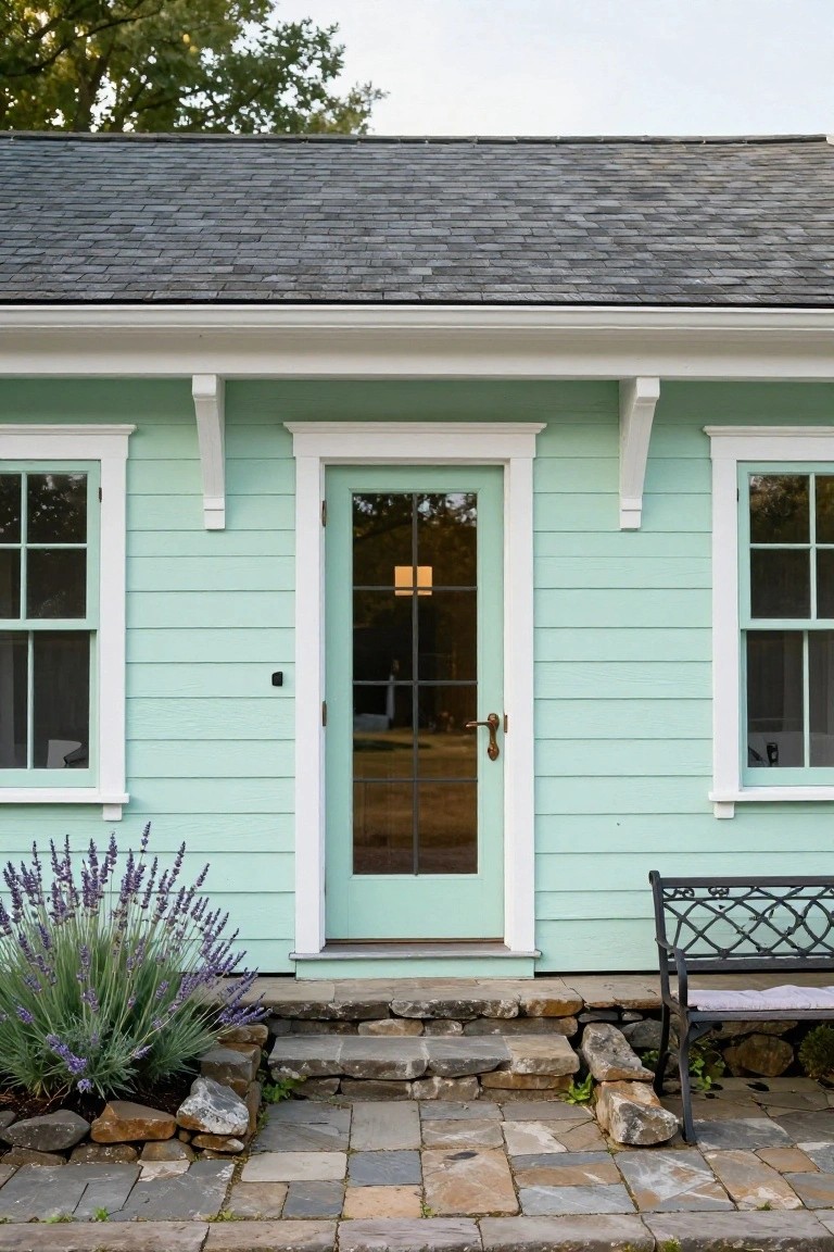 Close view of a mint green clapboard house exterior with white trim on double-hung windows and glass-paneled front door, flanked by lavender plant and black metal bench on stone steps and patio.